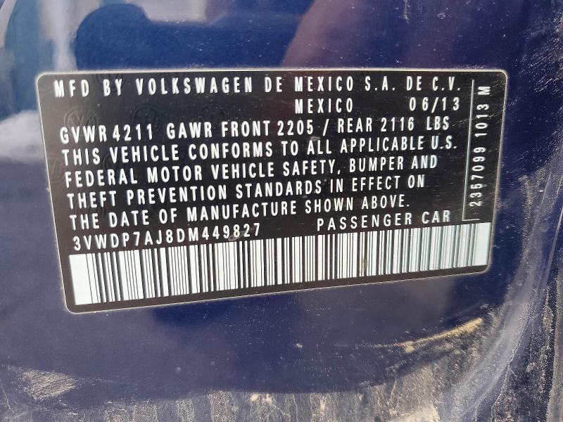 2013 Volkswagen Jetta მანქანა იყიდება აუქციონზე, vin: 3VWDP7AJ8DM449827, აუქციონის ნომერი: 76862495