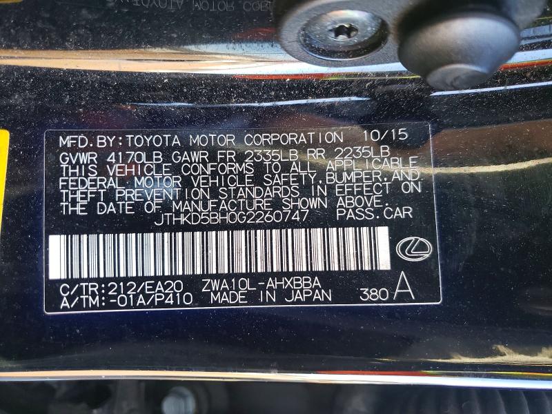2016 Lexus Ct 200h მანქანა იყიდება აუქციონზე, vin: JTHKD5BH0G2260747, აუქციონის ნომერი: 77430625