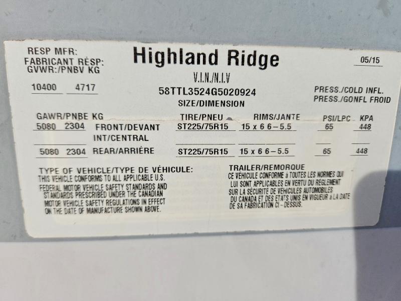 Aukcja sprzedaży 2016 Highland Ridge Open Range, vin: 58TTL3524G5020924, numer aukcji: 76445025