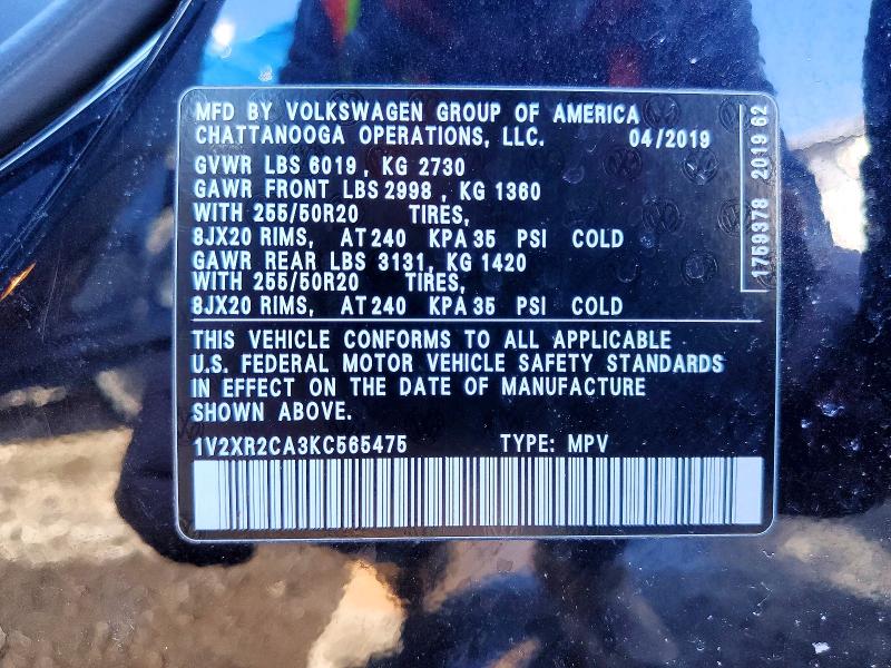 75261165 :رقم المزاد ، 1V2XR2CA3KC565475 vin ، 2019 Volkswagen Atlas مزاد بيع