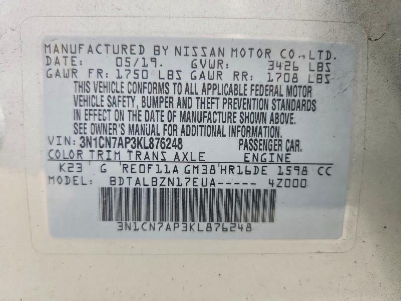 Aukcja sprzedaży 2019 Nissan Versa, vin: 3N1CN7AP3KL876248, numer aukcji: 78802585