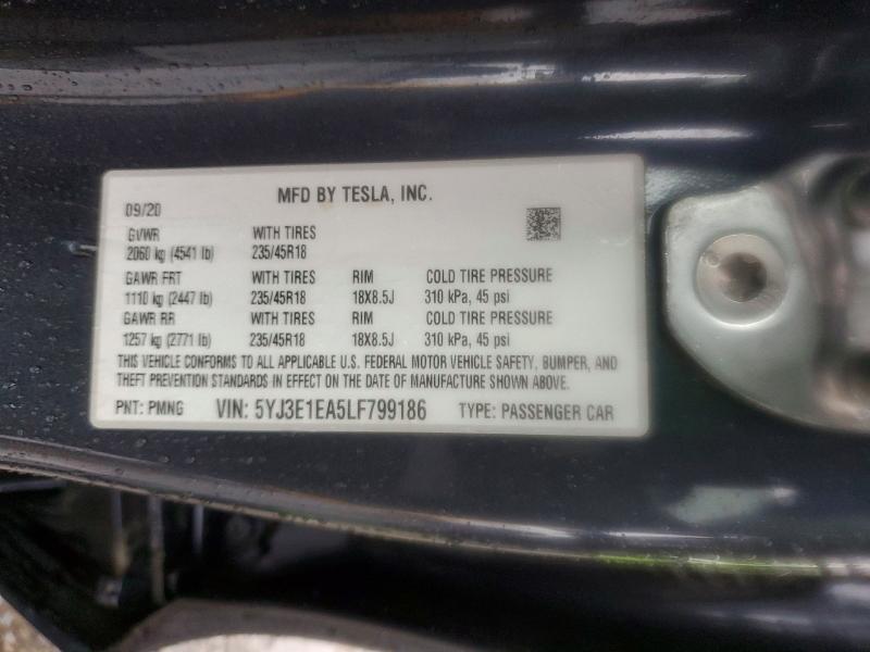 2020 Tesla Model 3 მანქანა იყიდება აუქციონზე, vin: 5YJ3E1EA5LF799186, აუქციონის ნომერი: 77410645