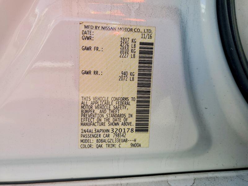 2017 Nissan Altima მანქანა იყიდება აუქციონზე, vin: 1N4AL3APXHN320178, აუქციონის ნომერი: 76827365