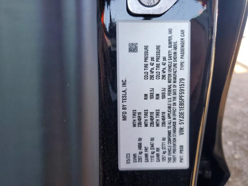 Aukcja sprzedaży 2023 Tesla Model 3, vin: 5YJ3E1EB5PF591579, numer aukcji: 77567975