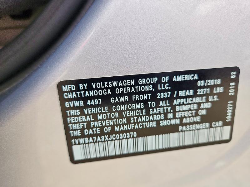 Auction sale of the 2018 Volkswagen Passat, vin: 1VWBA7A3XJC030370, lot number: 78375965