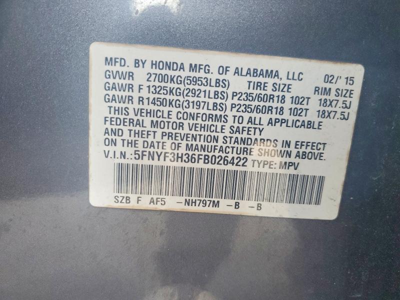 Продаж на аукціоні авто 2015 Honda Pilot, vin: 5FNYF3H36FB026422, номер лоту: 75858265