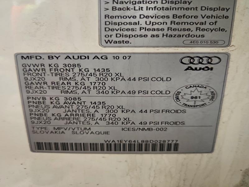 Продажа на аукционе авто 2008 Audi Q7 3.6 Qua, vin: WA1EY64L88D028777, номер лота: 76167495