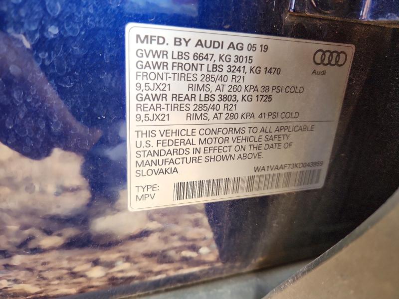 77915545 :رقم المزاد ، WA1VAAF73KD043959 vin ، 2019 Audi Q7 مزاد بيع