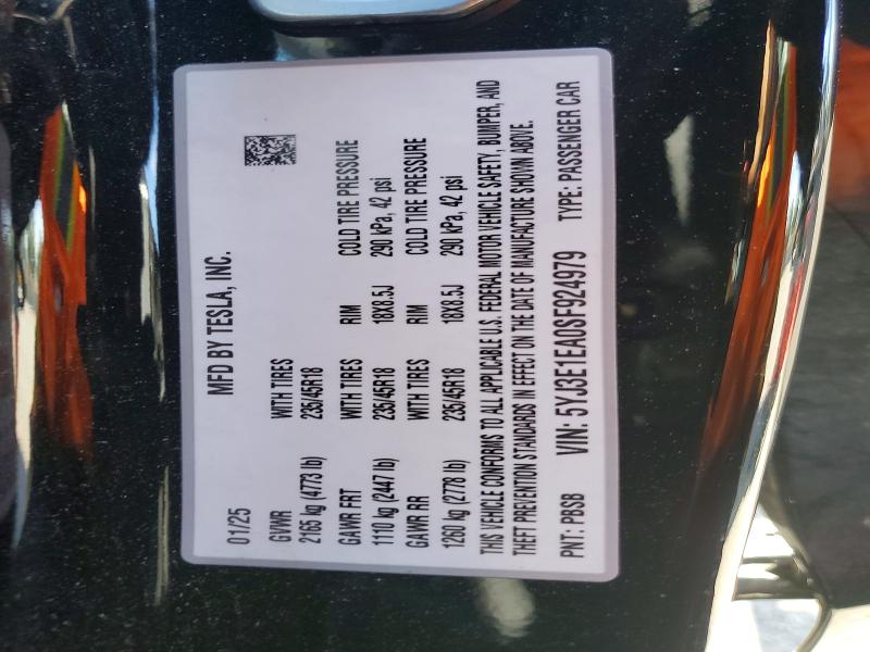 78888865 :رقم المزاد ، 5YJ3E1EA0SF924979 vin ، 2025 Tesla Model 3 مزاد بيع