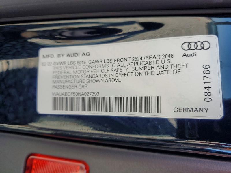2022 Audi A5 მანქანა იყიდება აუქციონზე, vin: WAUABCF50NA027393, აუქციონის ნომერი: 78155105