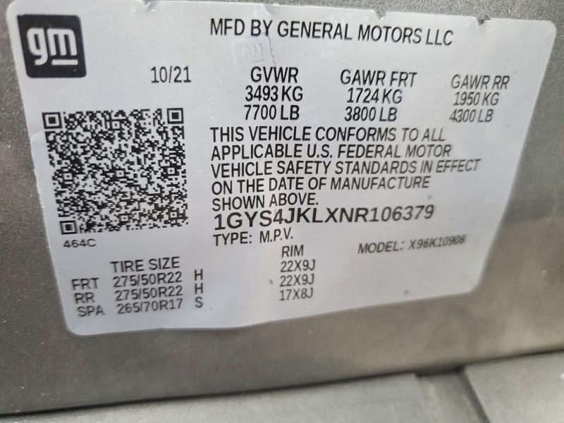 2022 Cadillac Escalade მანქანა იყიდება აუქციონზე, vin: 1GYS4JKLXNR106379, აუქციონის ნომერი: 77280255