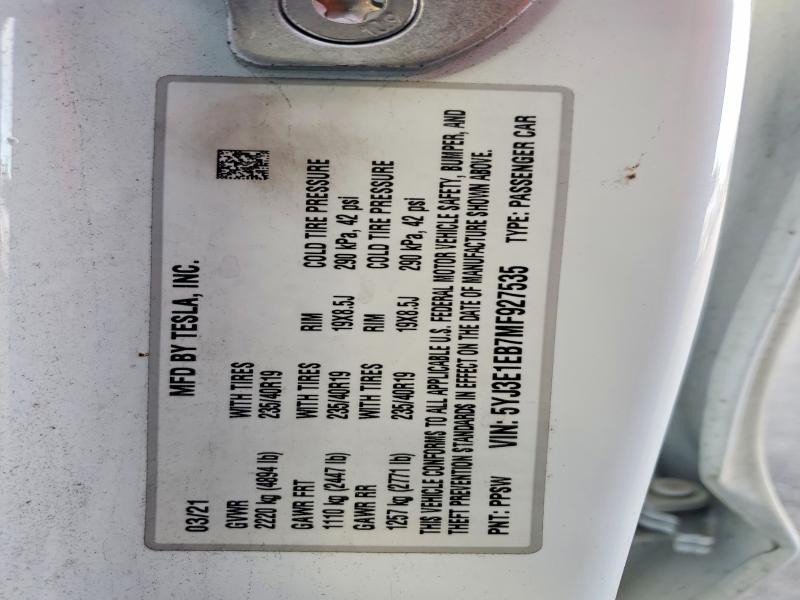 2021 Tesla Model 3 მანქანა იყიდება აუქციონზე, vin: 5YJ3E1EB7MF927535, აუქციონის ნომერი: 79186415