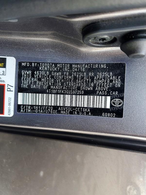 77426855 :رقم المزاد ، 4T1BF1FK3GU597259 vin ، 2016 Toyota Camry مزاد بيع