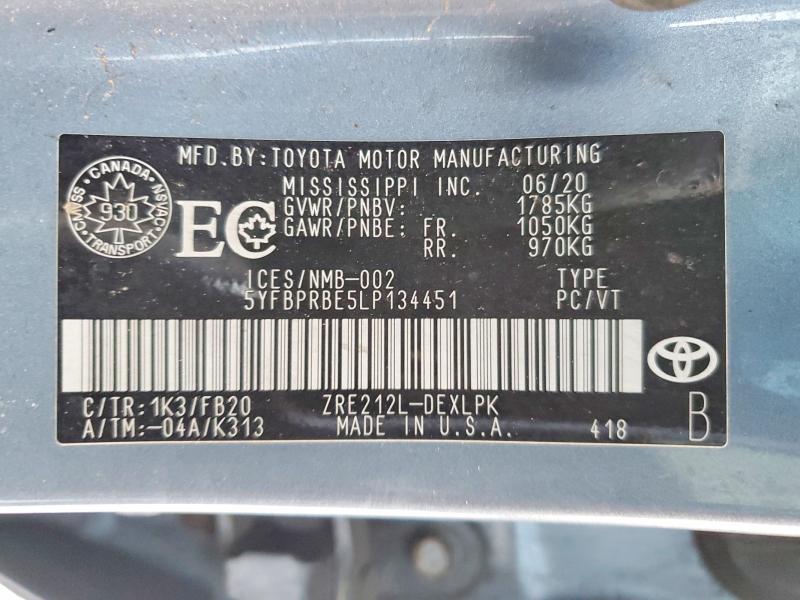2020 Toyota Corolla მანქანა იყიდება აუქციონზე, vin: 5YFBPRBE5LP134451, აუქციონის ნომერი: 77096555