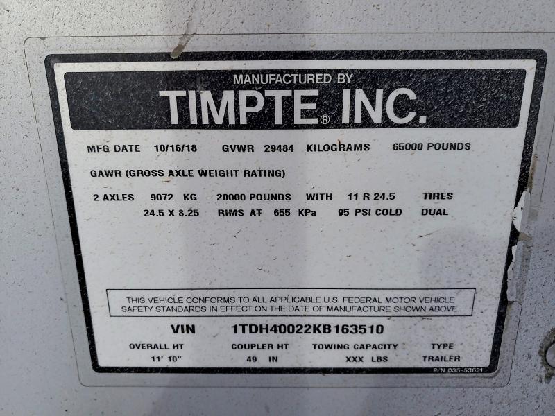2019 Timpte Trailer მანქანა იყიდება აუქციონზე, vin: 1TDH40022KB163510, აუქციონის ნომერი: 76225185