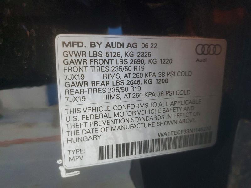Продаж на аукціоні авто 2022 Audi Q3, vin: WA1EECF33N1146270, номер лоту: 76581885