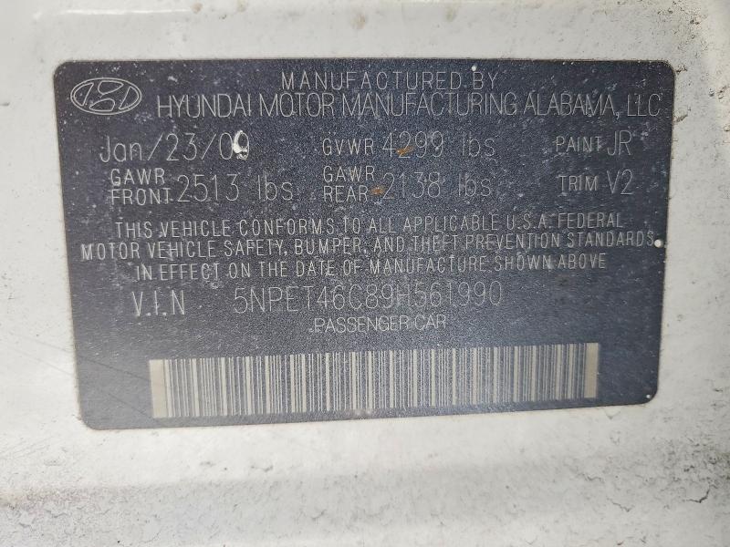 2009 Hyundai Sonata Gls მანქანა იყიდება აუქციონზე, vin: 5NPET46C89H561990, აუქციონის ნომერი: 78298075