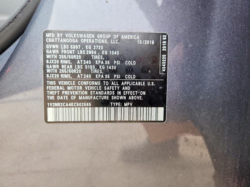 Aukcja sprzedaży 2019 Volkswagen Atlas, vin: 1V2NR2CA4KC502585, numer aukcji: 77601685