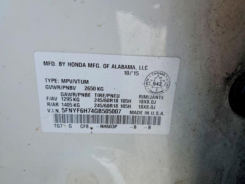 Aukcja sprzedaży 2016 Honda Pilot, vin: 5FNYF6H74GB505007, numer aukcji: 77400145