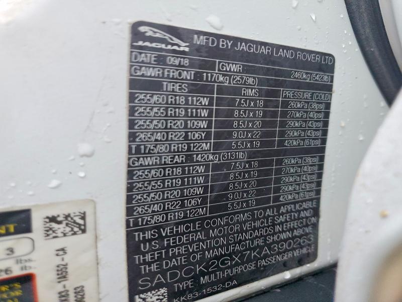 Aukcja sprzedaży 2019 Jaguar F-pace, vin: SADCK2GX7KA390263, numer aukcji: 75044585
