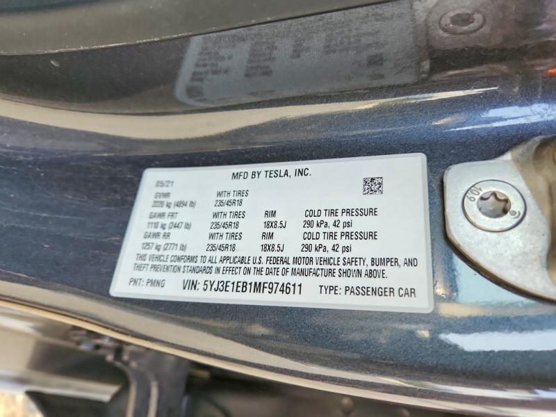 2021 Tesla Model 3 მანქანა იყიდება აუქციონზე, vin: 5YJ3E1EB1MF974611, აუქციონის ნომერი: 75782355