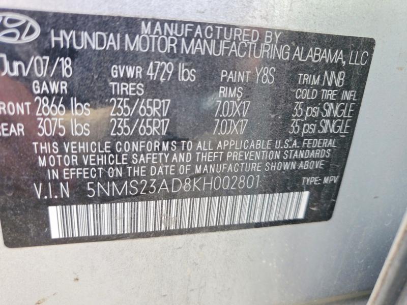 2019 Hyundai Santa Fe მანქანა იყიდება აუქციონზე, vin: 5NMS23AD8KH002801, აუქციონის ნომერი: 78618665