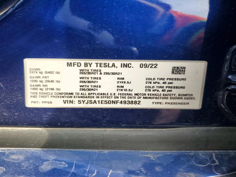Aukcja sprzedaży 2022 Tesla Model S, vin: 5YJSA1E50NF493882, numer aukcji: 76626225