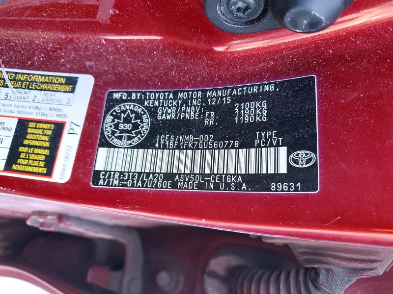 Aukcja sprzedaży 2016 Toyota Camry, vin: 4T1BF1FK7GU560778, numer aukcji: 77137945