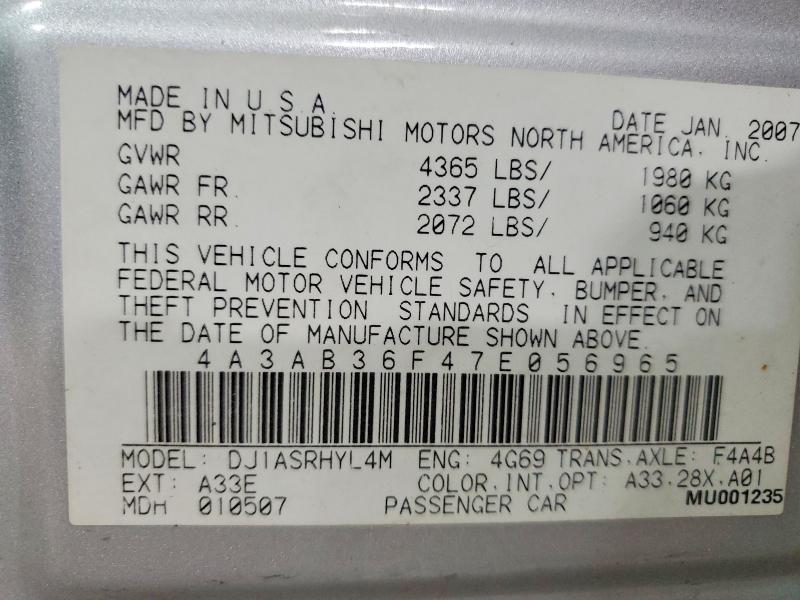 Aukcja sprzedaży 2007 Mitsubishi Galant, vin: 4A3AB36F47E056965, numer aukcji: 78683485