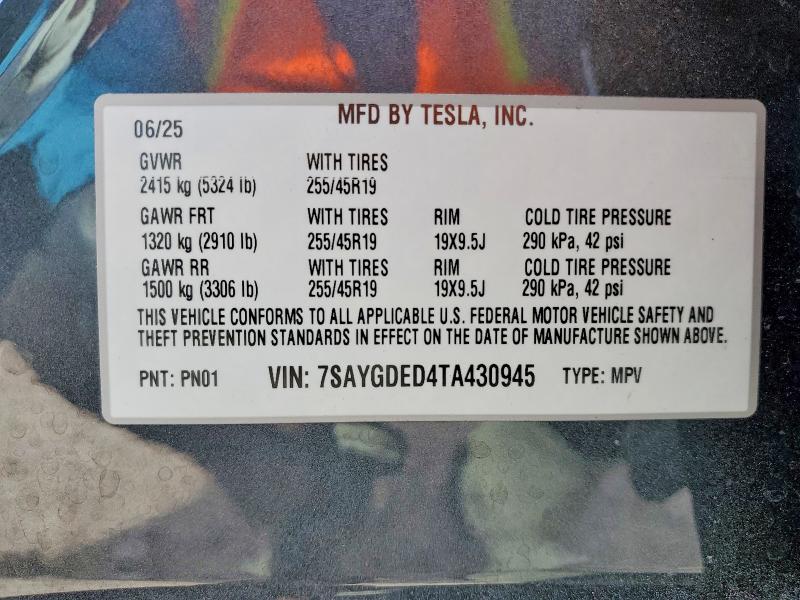 Продаж на аукціоні авто 2026 Tesla Model Y, vin: 7SAYGDED4TA430945, номер лоту: 78892135
