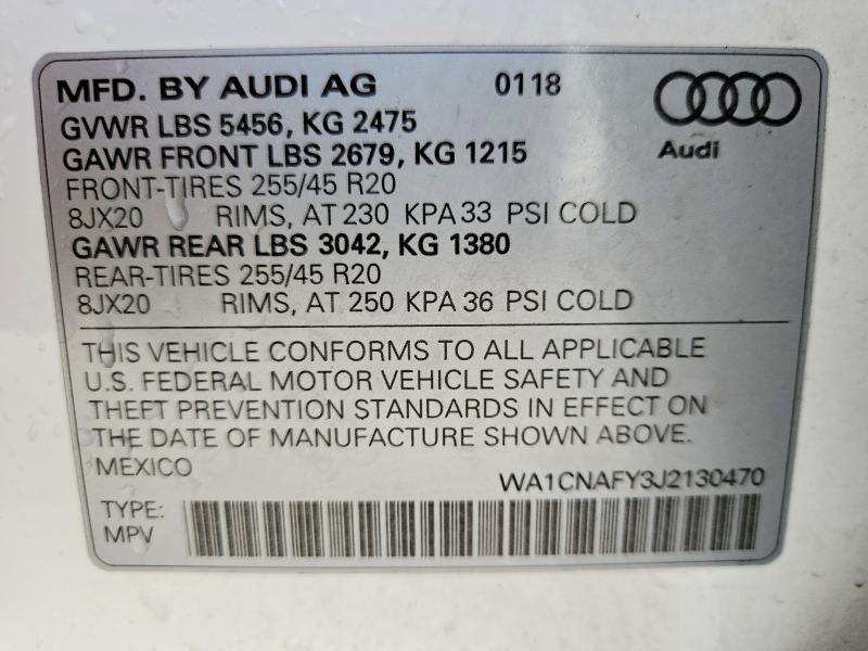 2018 Audi Q5 მანქანა იყიდება აუქციონზე, vin: WA1CNAFY3J2130470, აუქციონის ნომერი: 77520395