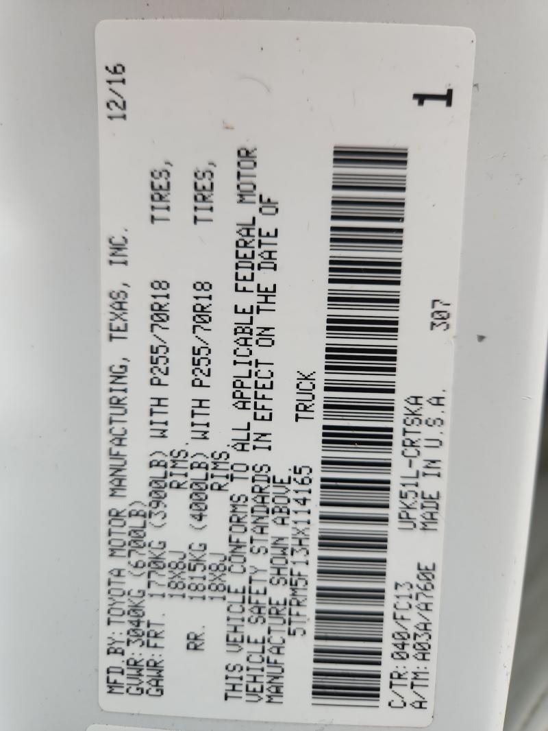 2017 Toyota Tundra მანქანა იყიდება აუქციონზე, vin: 5TFRM5F13HX114165, აუქციონის ნომერი: 76874615