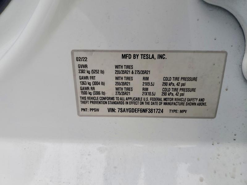 2022 Tesla Model Y მანქანა იყიდება აუქციონზე, vin: 7SAYGDEF6NF381724, აუქციონის ნომერი: 76828145