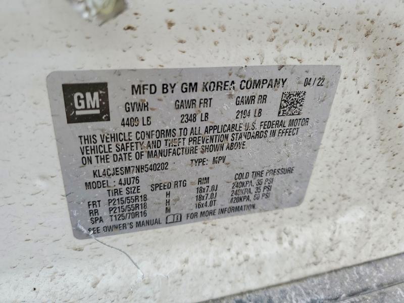 77004835 :رقم المزاد ، KL4CJESM7NB540202 vin ، 2022 Buick Encore مزاد بيع
