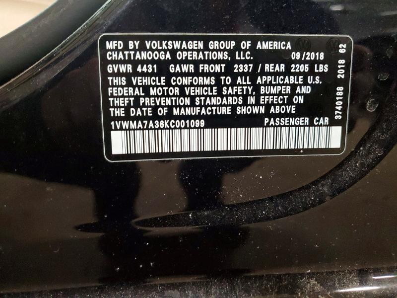 99835765 :رقم المزاد ، 1VWMA7A36KC001099 vin ، 2019 Volkswagen Passat مزاد بيع