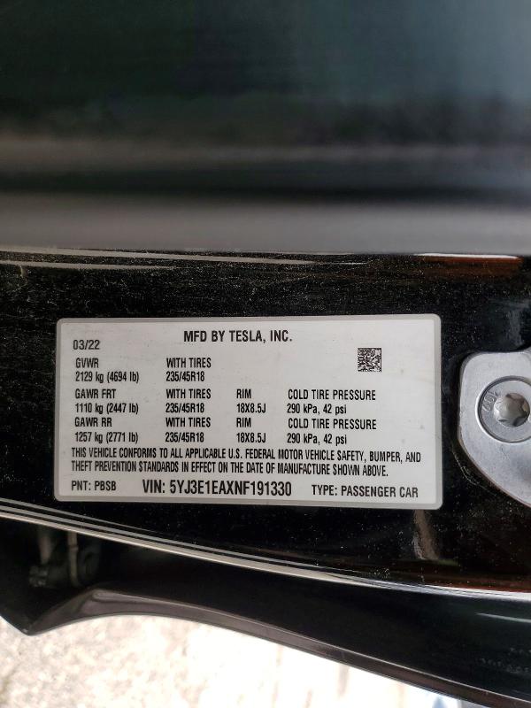 Продаж на аукціоні авто 2022 Tesla Model 3, vin: 5YJ3E1EAXNF191330, номер лоту: 78730155
