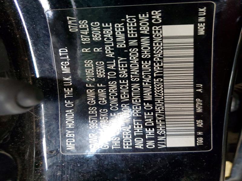 76410985 :رقم المزاد ، SHHFK7H5XHU233375 vin ، 2017 Honda Civic مزاد بيع