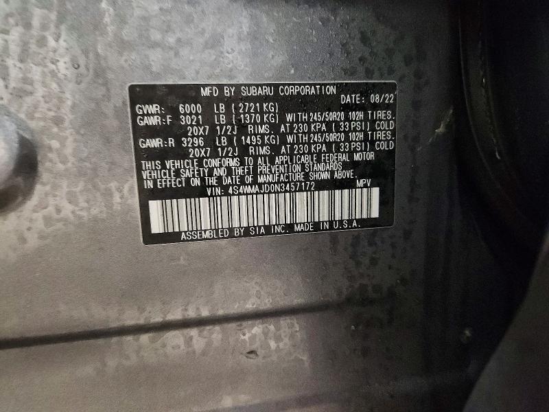 77361245 :رقم المزاد ، 4S4WMAJD0N3457172 vin ، 2022 Subaru Ascent مزاد بيع