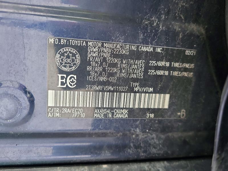 2021 Toyota Rav4 მანქანა იყიდება აუქციონზე, vin: 2T3RWRFV5MW111027, აუქციონის ნომერი: 76931535