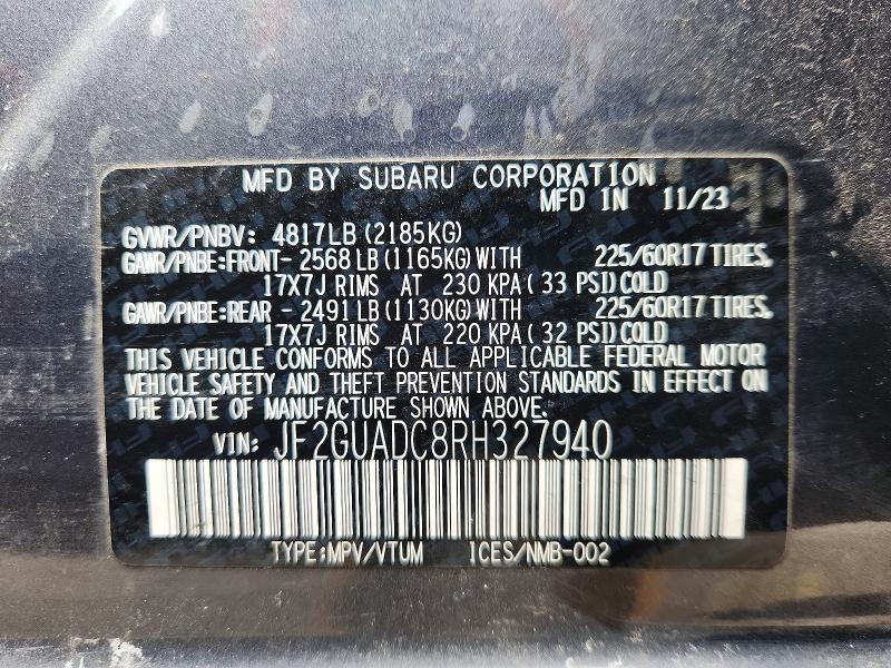 2024 Subaru Crosstrek მანქანა იყიდება აუქციონზე, vin: JF2GUADC8RH327940, აუქციონის ნომერი: 76394675