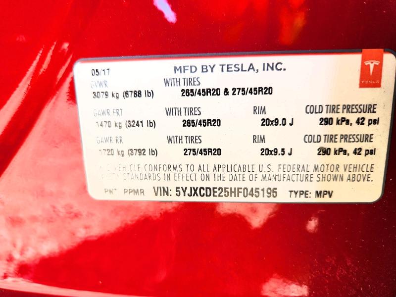 2017 Tesla Model X მანქანა იყიდება აუქციონზე, vin: 5YJXCDE25HF045195, აუქციონის ნომერი: 78362245