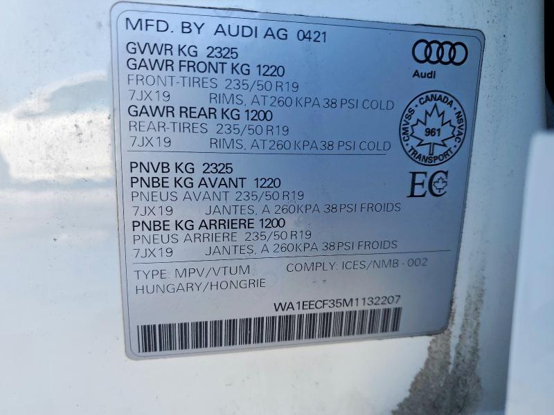 78292825 :رقم المزاد ، WA1EECF35M1132207 vin ، 2021 Audi Q3 مزاد بيع