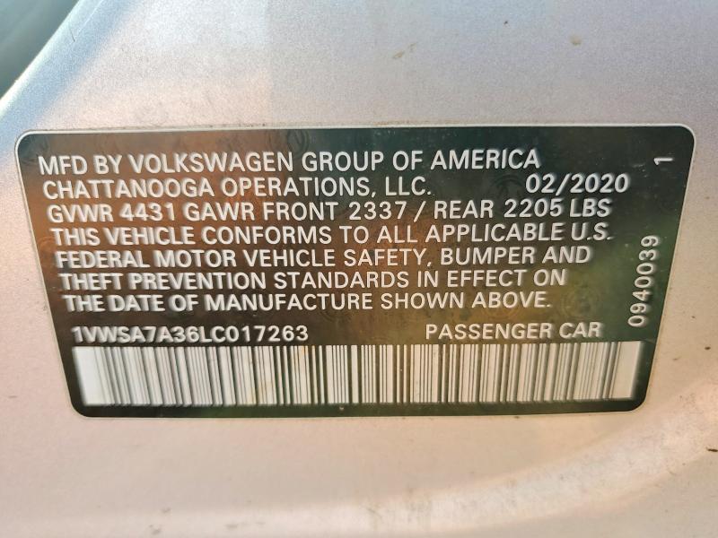 Aukcja sprzedaży 2020 Volkswagen Passat, vin: 1VWSA7A36LC017263, numer aukcji: 77363265