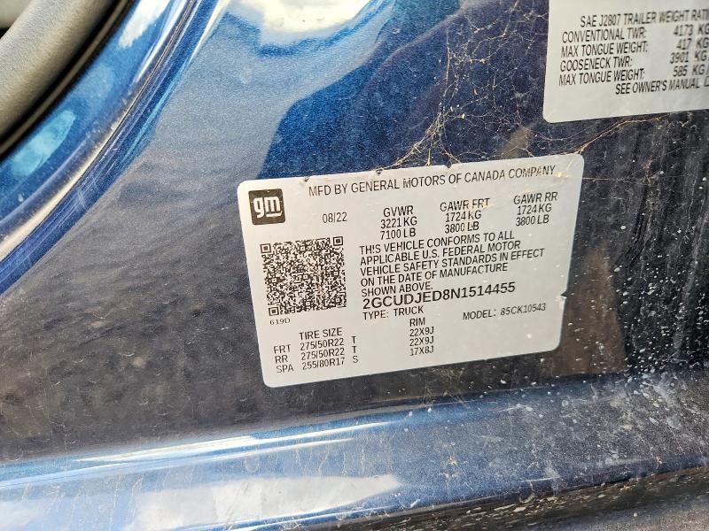 Продажа на аукционе авто 2022 Chevrolet Silverado, vin: 2GCUDJED8N1514455, номер лота: 77419075