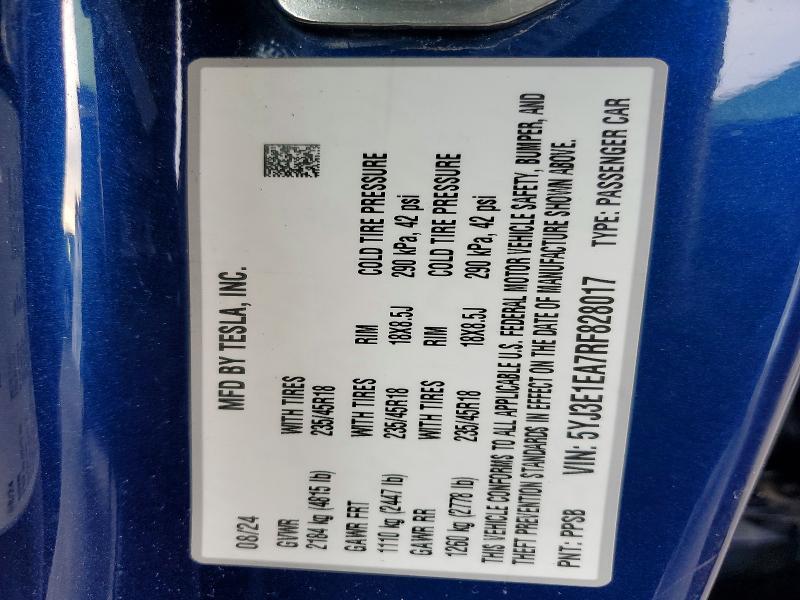 2024 Tesla Model 3 მანქანა იყიდება აუქციონზე, vin: 5YJ3E1EA7RF828017, აუქციონის ნომერი: 77512815