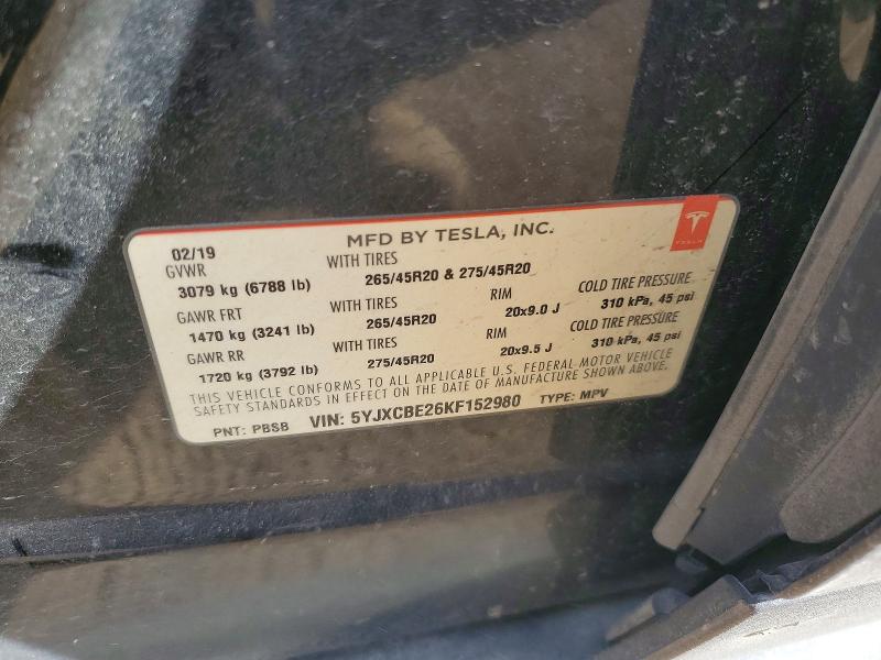 2019 Tesla Model X მანქანა იყიდება აუქციონზე, vin: 5YJXCBE26KF152980, აუქციონის ნომერი: 77187965