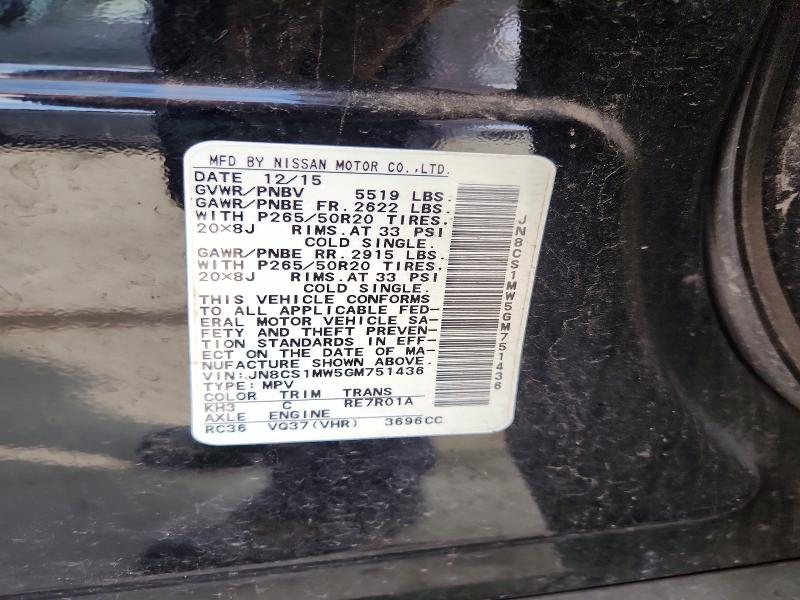 Aukcja sprzedaży 2016 Infiniti Qx70, vin: JN8CS1MW5GM751436, numer aukcji: 76820755