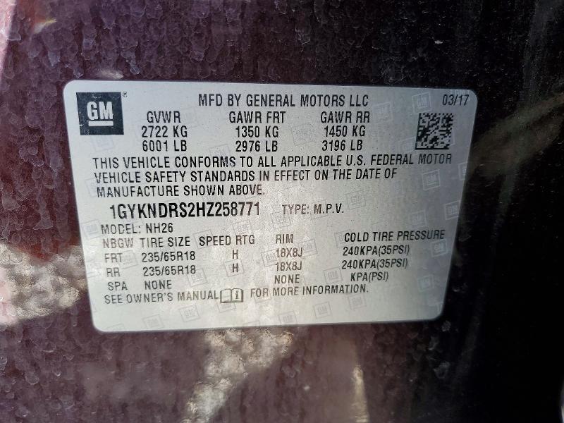 76888815 :رقم المزاد ، 1GYKNDRS2HZ258771 vin ، 2017 Cadillac Xt5 مزاد بيع