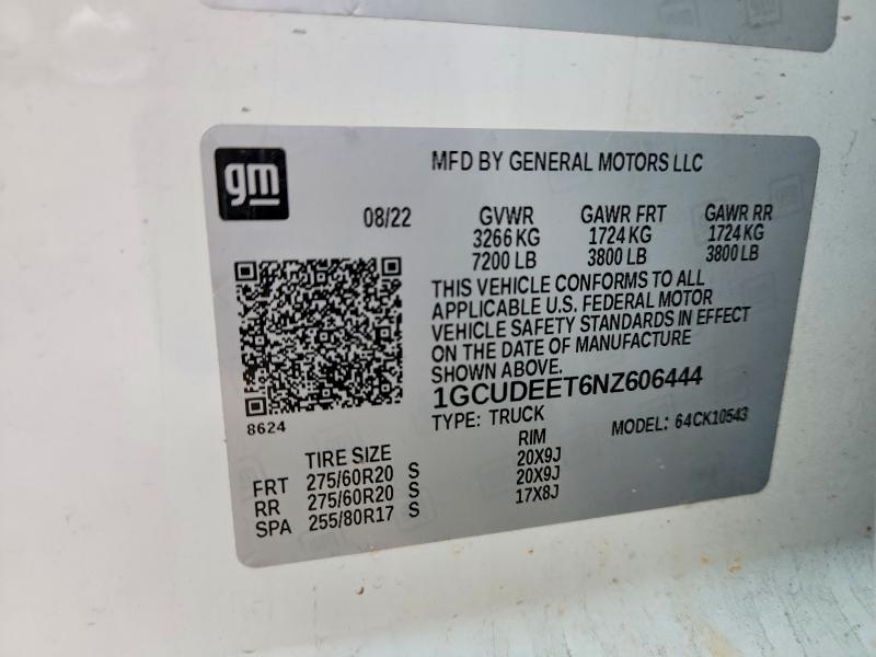 Aukcja sprzedaży 2022 Chevrolet Silverado, vin: 1GCUDEET6NZ606444, numer aukcji: 76151345