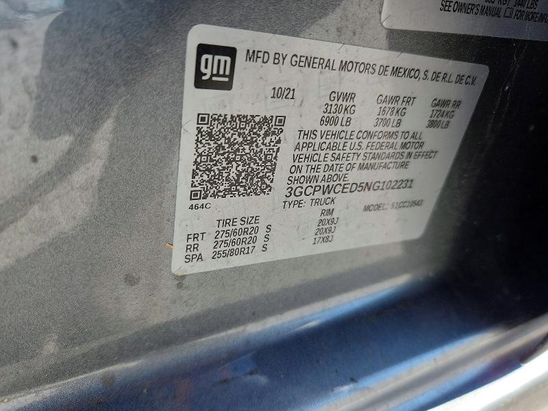 Продаж на аукціоні авто 2022 Chevrolet Silverado Ltd, vin: 3GCPWCED5NG102231, номер лоту: 76761865